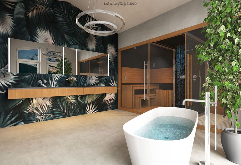 3D-Visualisierung: Bad mit freistehender Wanne, Holzwaschtisch und Pflanzen