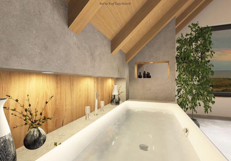 Bad unter Holzbalken mit eingebauter Badewanne
