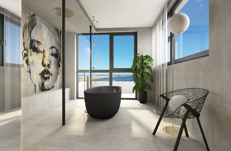 Dunkle freistehende Wanne vor bodentiefem Fenster