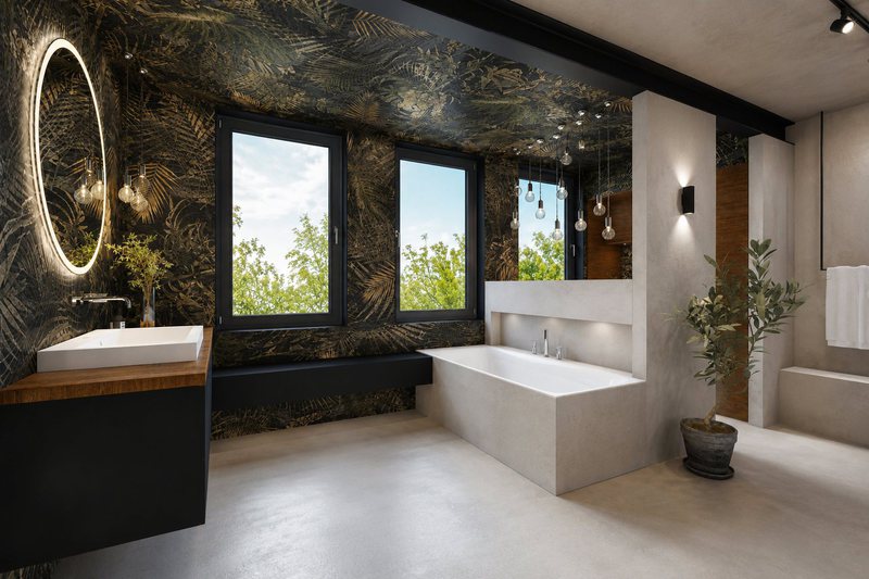 Bad in Salbeigrün mit floralem Wandbild