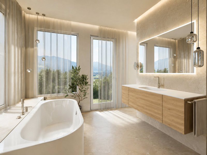 Dunkle freistehende Wanne vor bodentiefem Fenster